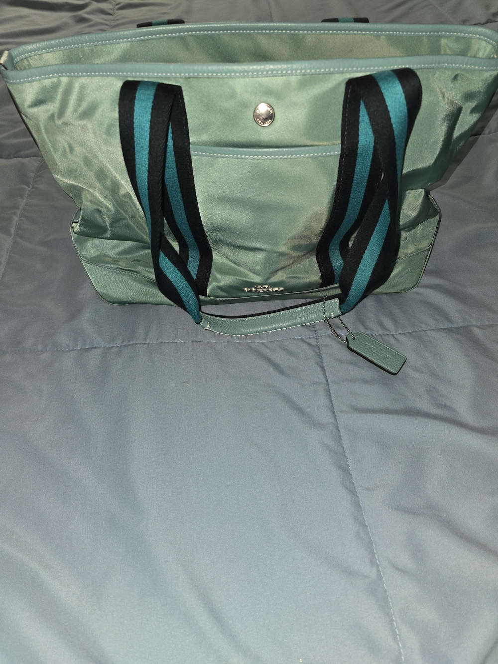 Coach Mint Green Tote with Black and Teal Striped Handles